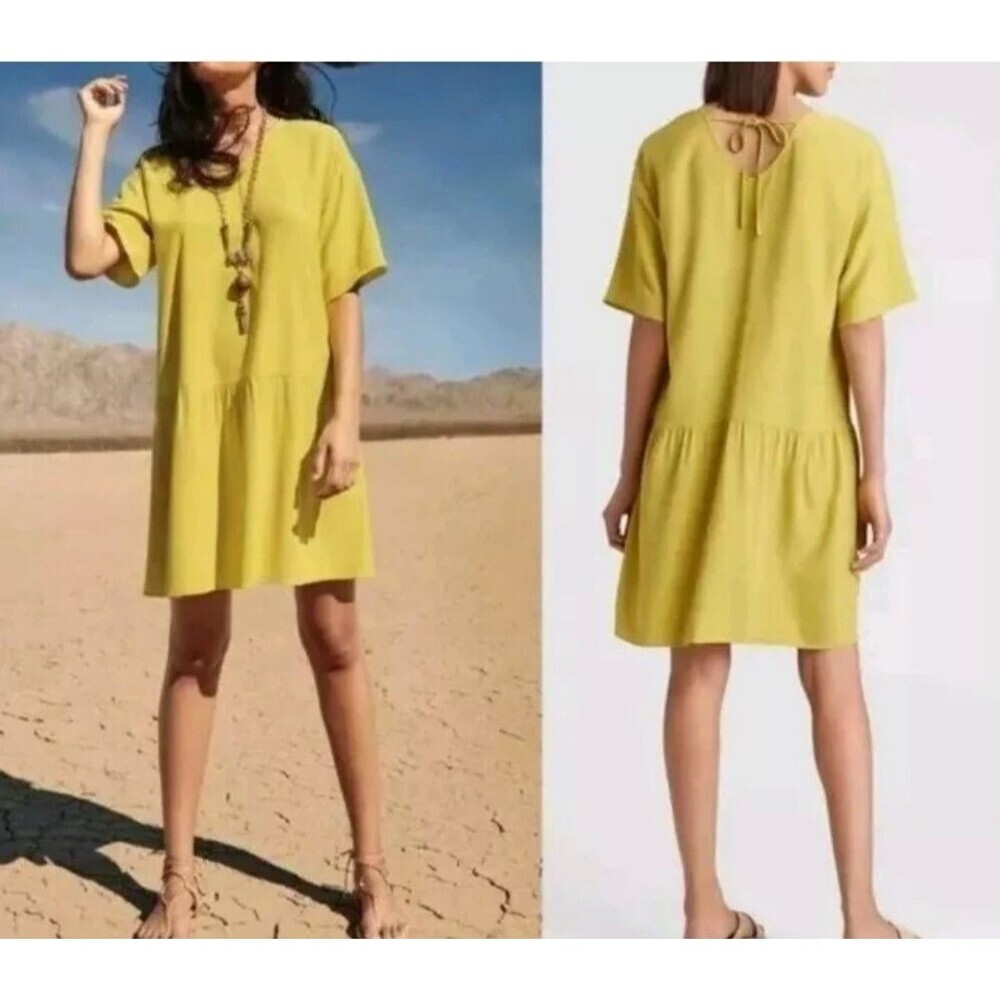 Eileen Fisher Dress Yellow Drop Waist Tie Back V-Neck Large Shirtdress